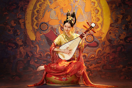 中国人的佛教敦煌美女坐在大鼓上弹奏琵琶背景