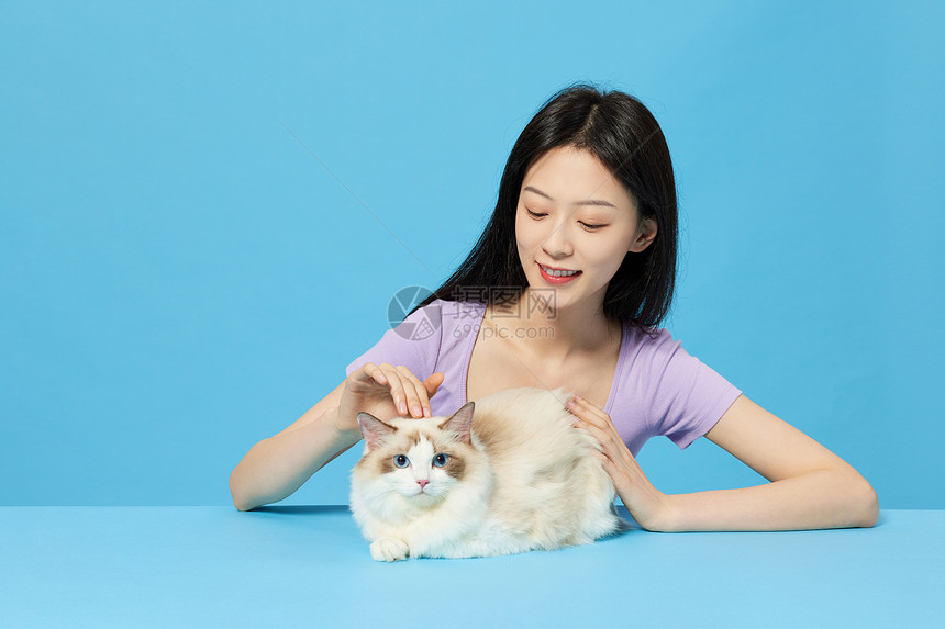 青年女性与宠物猫快乐相伴图片