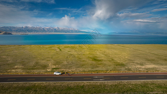 5A景区航拍新疆赛里木湖景区自驾环湖背景