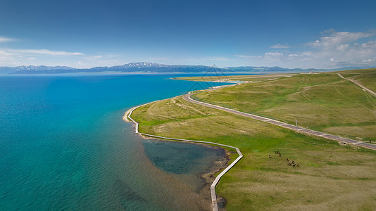 涞滩5A景区航拍新疆赛里木湖景区清水滩景观区背景