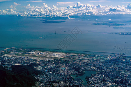 白云国际机场空中鸟瞰深圳宝安国际机场城市海景背景