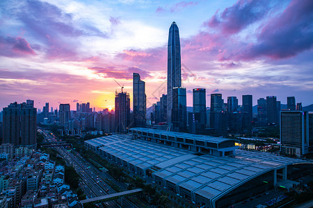 会展中心夜景深圳会展中心平安金融中心大厦夕阳西下天际线背景