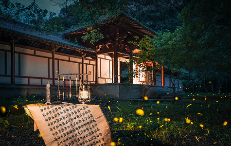 明孝陵夏天夜晚的萤火虫与古建筑背景图片