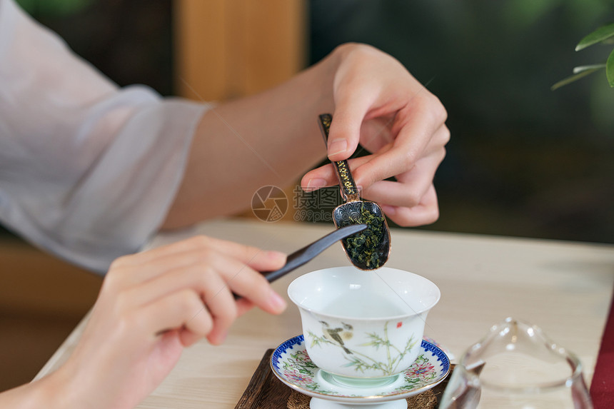 女茶艺师沏茶特写图片