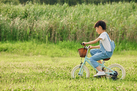 孩子骑自行车小男孩户外草地里骑自行车背景