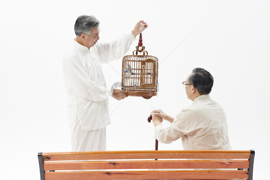 两位老年人遛鸟聊天图片