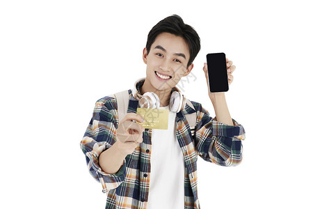 刷卡购买手机的年轻男学生背景图片