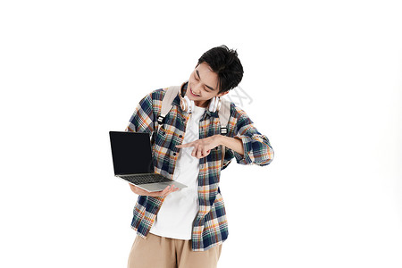 男手白素材手指着笔记本电脑的男大学生背景
