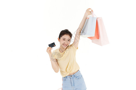 高兴购物女大学生用银行卡购物背景