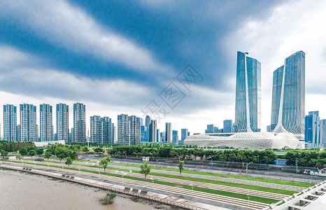 宏伟建筑双子塔南京河西CBD双子塔与南京眼大桥背景