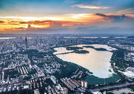 南京玄武湖夜景晚霞航拍背景图片