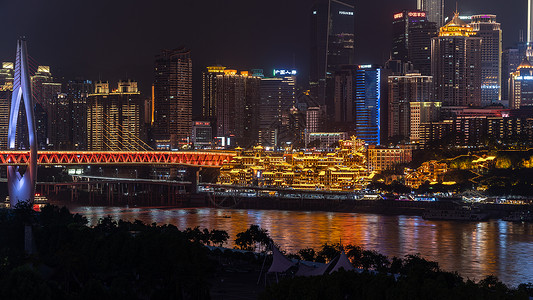 重庆地标千厮门大桥和渝中半岛cbd倒影背景图片