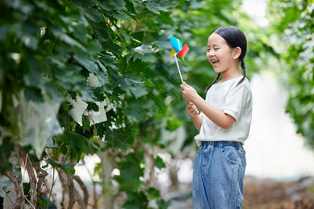 童年开心玩着风车的小女孩图片