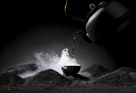 黑色烟雾素材烟雾缭绕的陶瓷茶具静物背景