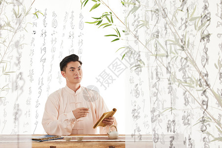 书竹国潮男性在竹林里看古书背景