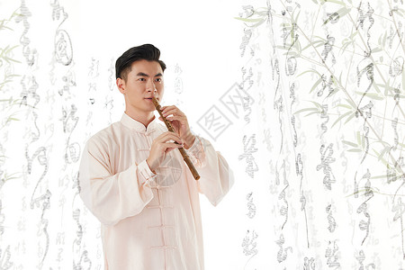 中国风男性吹笛子背景图片