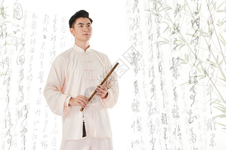 古风长素材手拿笛子的中国风男性背景