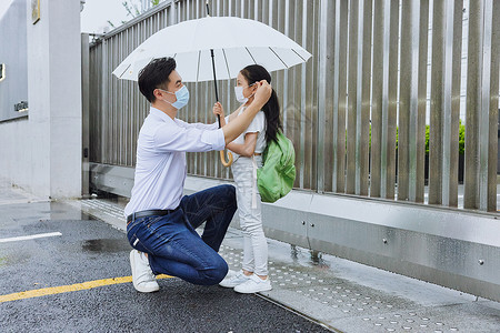 下雨天爸爸穿雨衣接女儿疫情期间接女儿放学回家背景