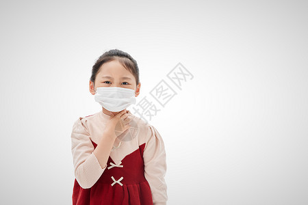 戴口罩咳嗽不舒服的小女孩背景图片