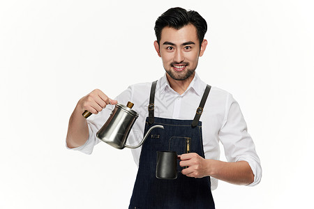 不锈钢水壶主图拿着水壶和咖啡杯的咖啡师背景