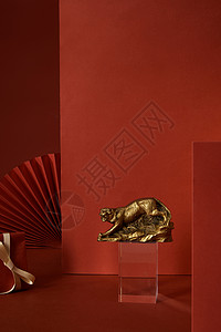 虎年柱子2022中国红虎年金色吉祥物背景