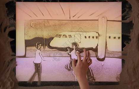 手机手绘素材手绘沙画情侣坐高铁背景
