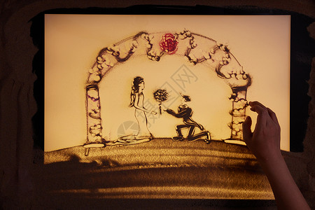 手绘框架手绘沙画新郎向新娘求婚献花背景