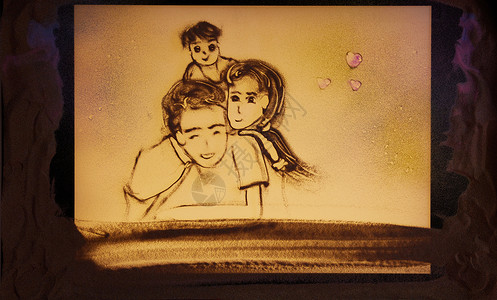 手绘沙画一家三口幸福家庭背景图片