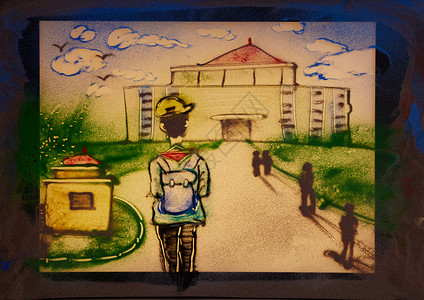 开学手绘手绘沙画学生上学校背景