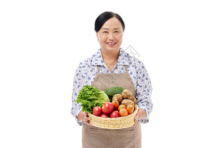 中老年菜农手拿白萝卜形象菜市场阿姨手拿蔬菜形象背景