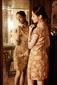 复古风镜子温婉气质旗袍美女照镜子背景