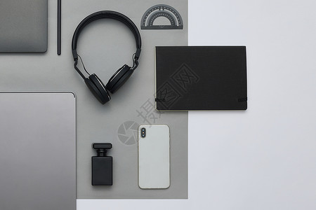 黑色炫酷耳机科技灰色背景里的电子产品背景