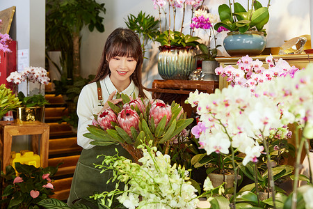 鲜花店美女销售员检查鲜花背景图片