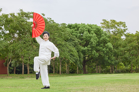 重阳节红色茱萸穿太极服舞扇子的老年女性背景