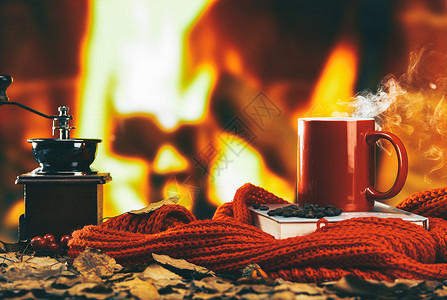 红色火苗素材正在冒热气的秋冬季热饮背景