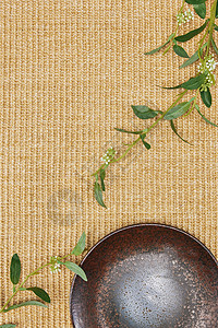 透明落花素材亚麻背景下的绿叶和盘子背景