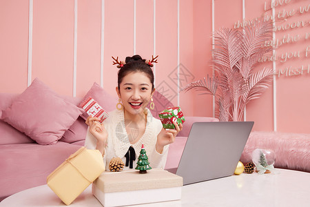 粉色美妆促销粉红美女主播圣诞节展示圣诞礼物背景