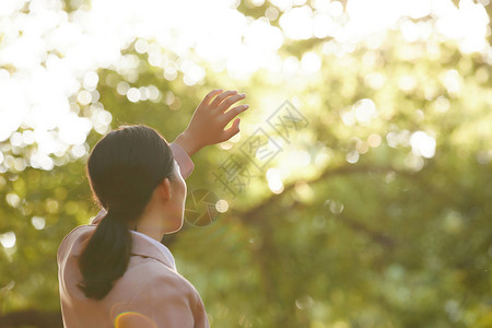 拥抱太阳女孩都市白领走进自然背影背景