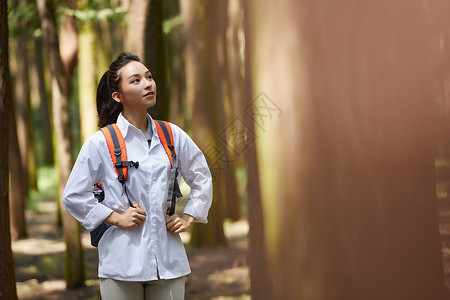 徒步女生欣赏森林景色图片