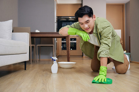 洗地板年轻男性居家做家务背景