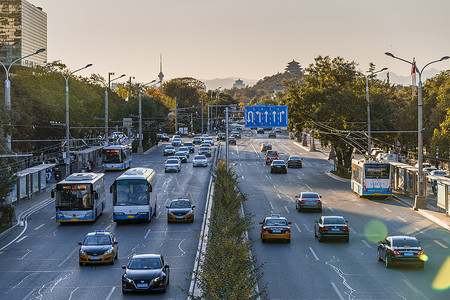 日落东四西大街繁忙的交通背景图片