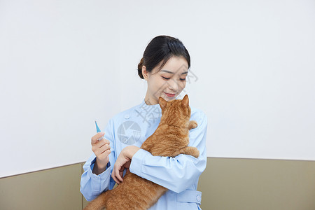 青年女宠物诊所护士为猫咪量体温高清图片