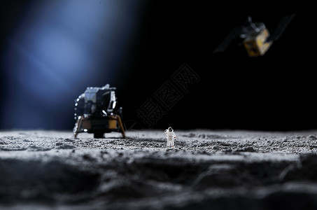 载人航天精神从登月设备上下来的宇航员和卫星背景