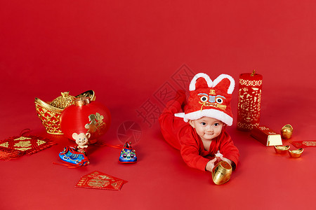 虎年儿童邮票可爱婴儿新年春节装扮背景