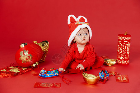 虎年儿童邮票可爱婴儿新年虎年春节装扮背景