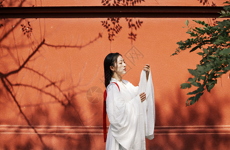 中式优雅红墙树影前的古风汉服美女背景