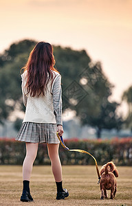 漫步的少女夕阳下牵着狗散步的少女背景