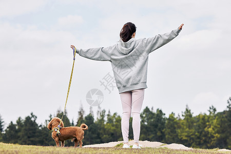 牵着狗绳的运动少女和萌宠泰迪的背影图片