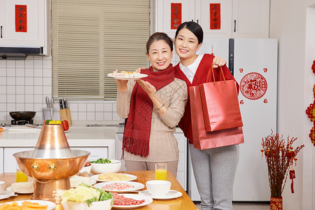 母女新年居家准备年夜饭过新年背景