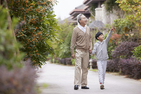 可爱的老人爷爷带着孙子外出散步背景